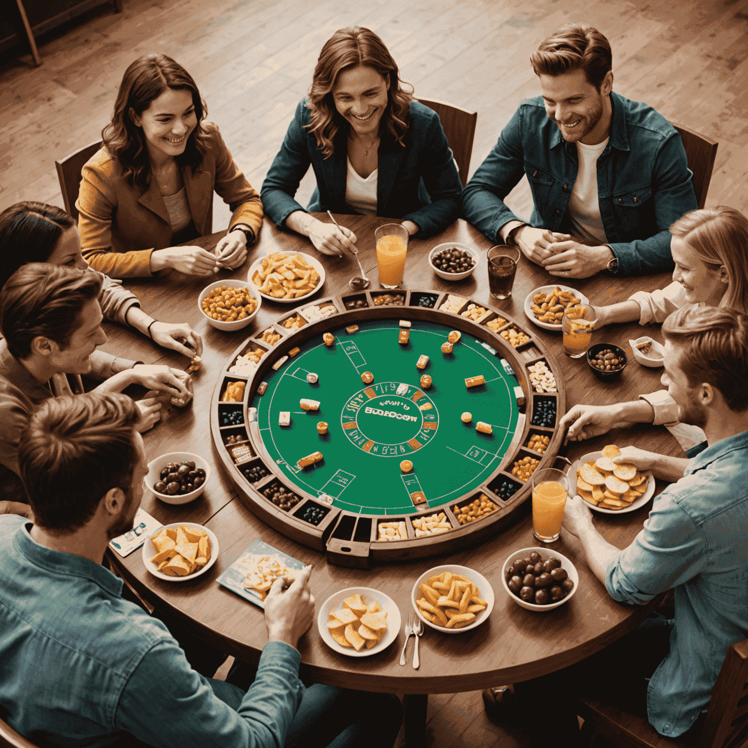 Une table de jeu Plinbon entourée de personnes souriantes, avec des snacks et des boissons