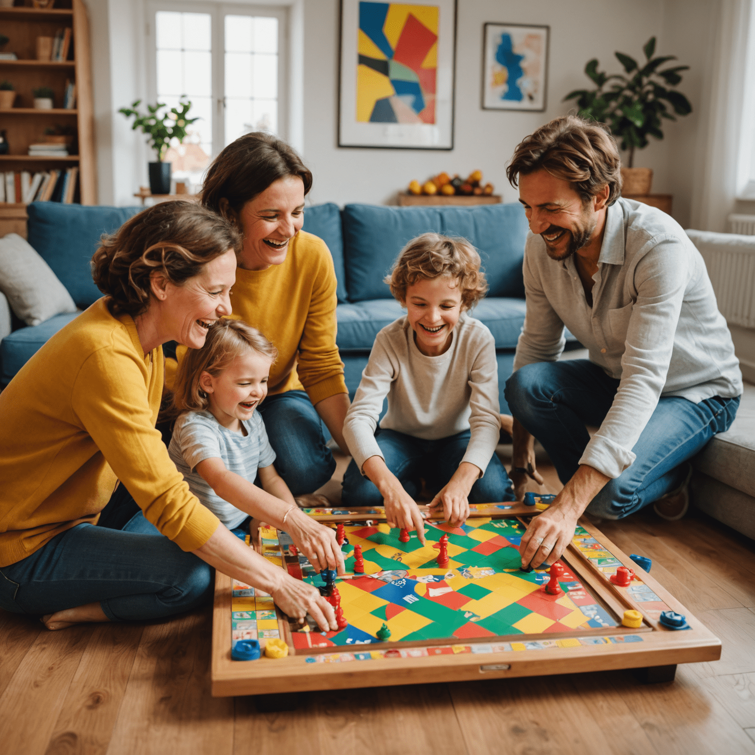 Famille française jouant au Plinbon dans leur salon, riant et s'amusant autour d'un grand plateau de jeu coloré