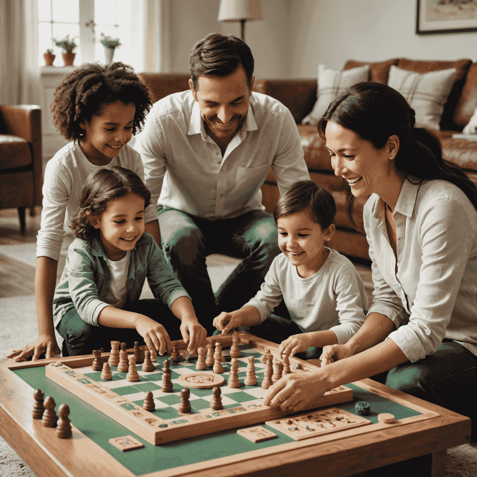 Une famille joyeuse jouant à Plinbon, avec des enfants et des parents autour du plateau de jeu