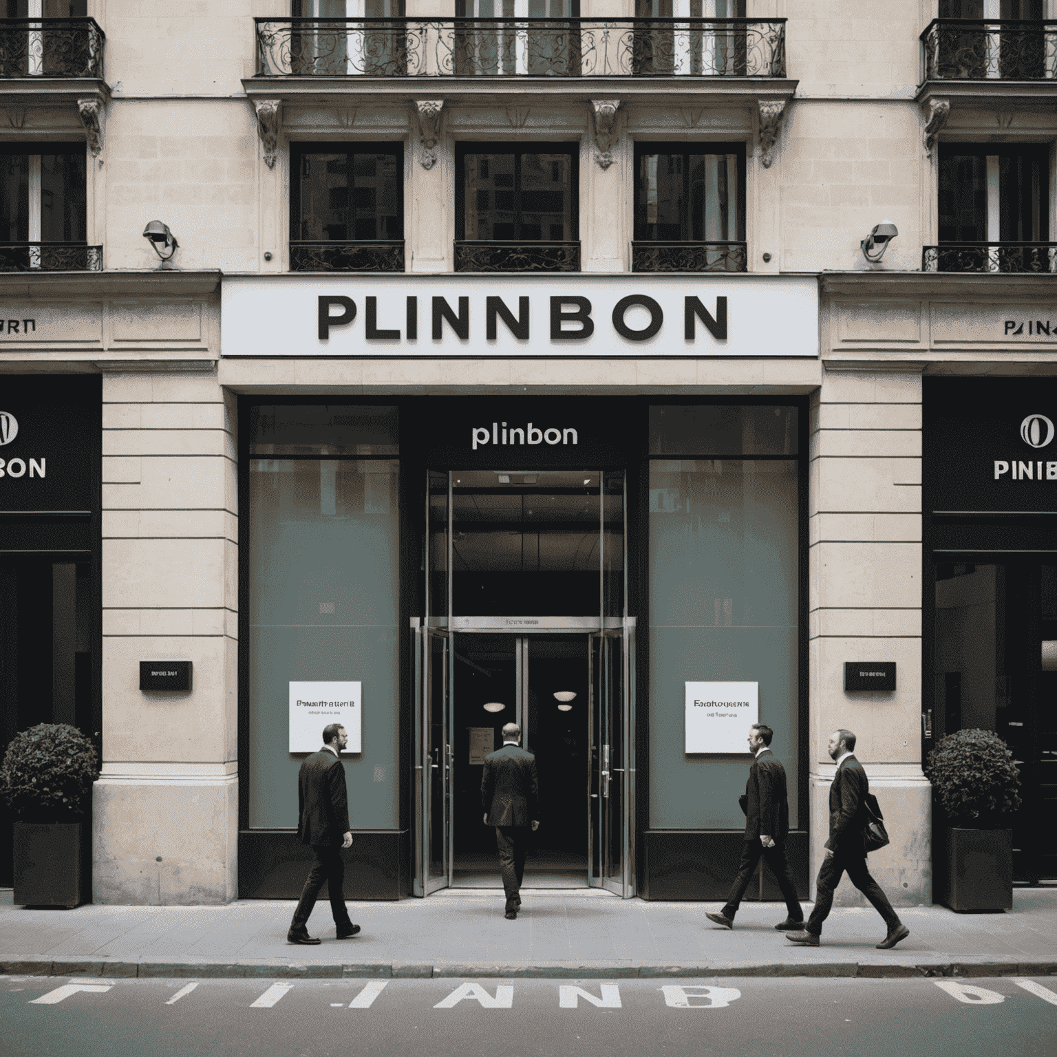 Façade moderne du bureau Plinbon à Paris, avec une grande enseigne Plinbon et des employés entrant et sortant du bâtiment