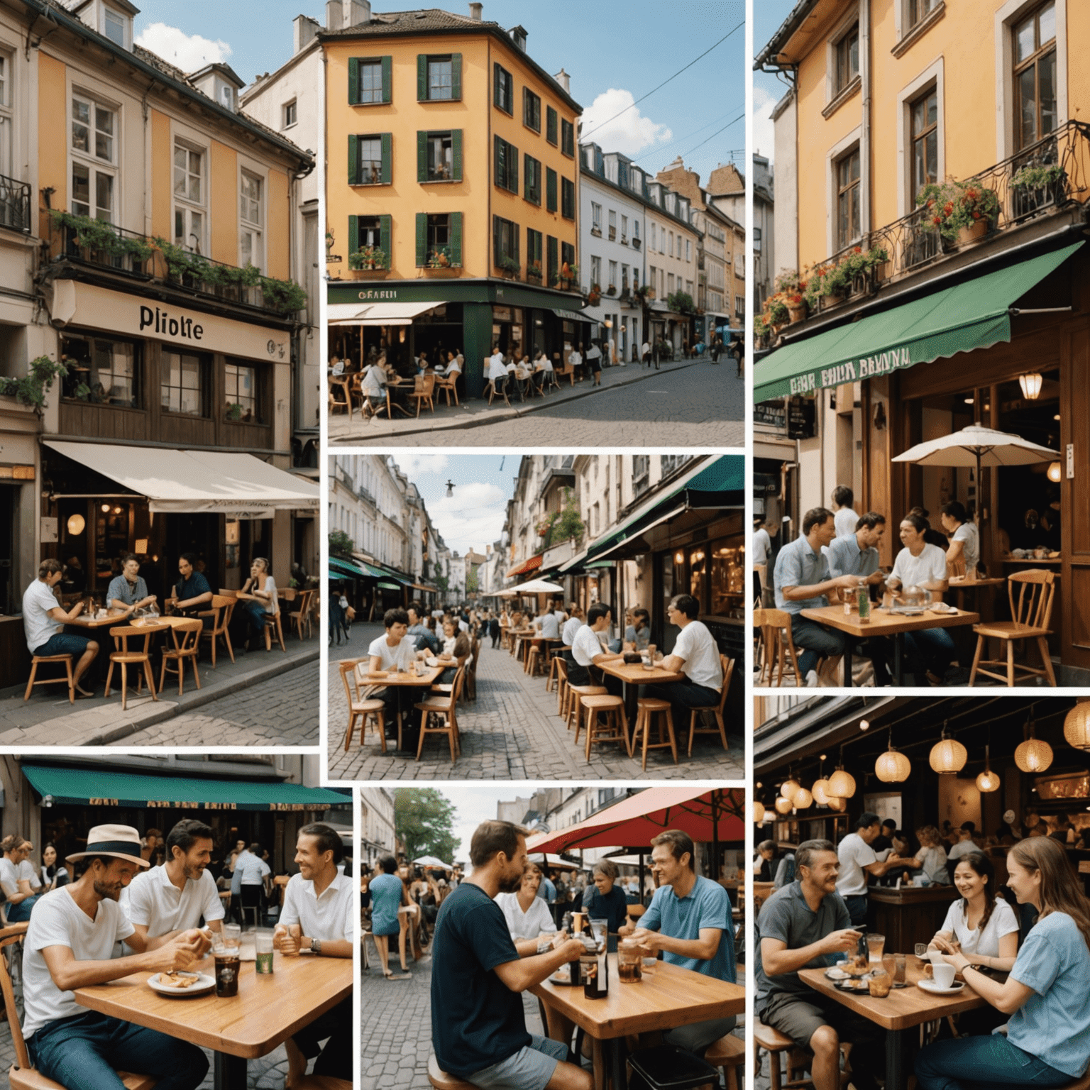 Collage montrant des personnes jouant au Plinbon dans différents pays : un café allemand, un appartement japonais, un bar américain et un festival de rue brésilien